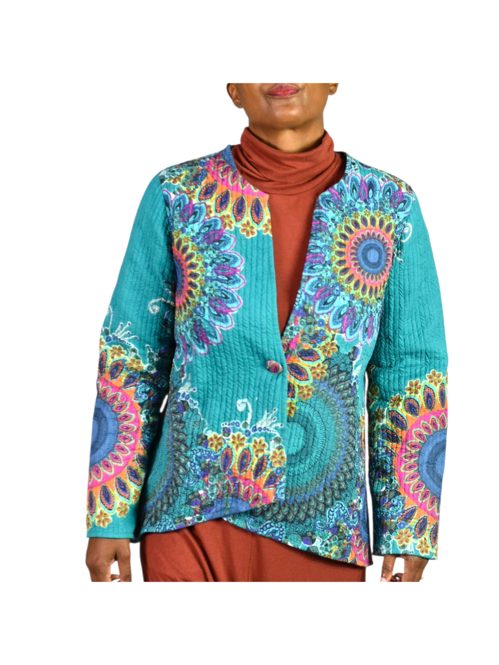Soft Surroundings Quilted Jacket Green Paisley Cotton Mandala Print Artistic XS